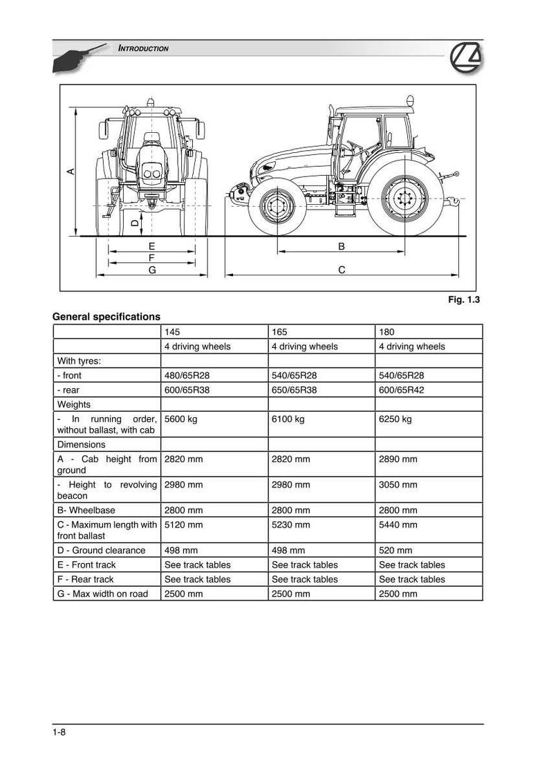 May include: Technical diagram of a tractor, detailing specifications. Includes measurements like wheelbase (2800 mm), maximum length (5120 mm), and ground clearance (498 mm). Also shows tyre sizes and weights in kilograms.