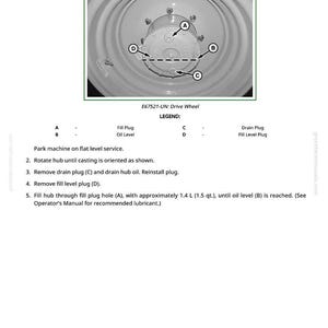 May include: Diagram showing the drain and fill points on a planetary hub. Includes labels for fill plug, oil level, drain plug, and fill level plug. Instructions are also provided.