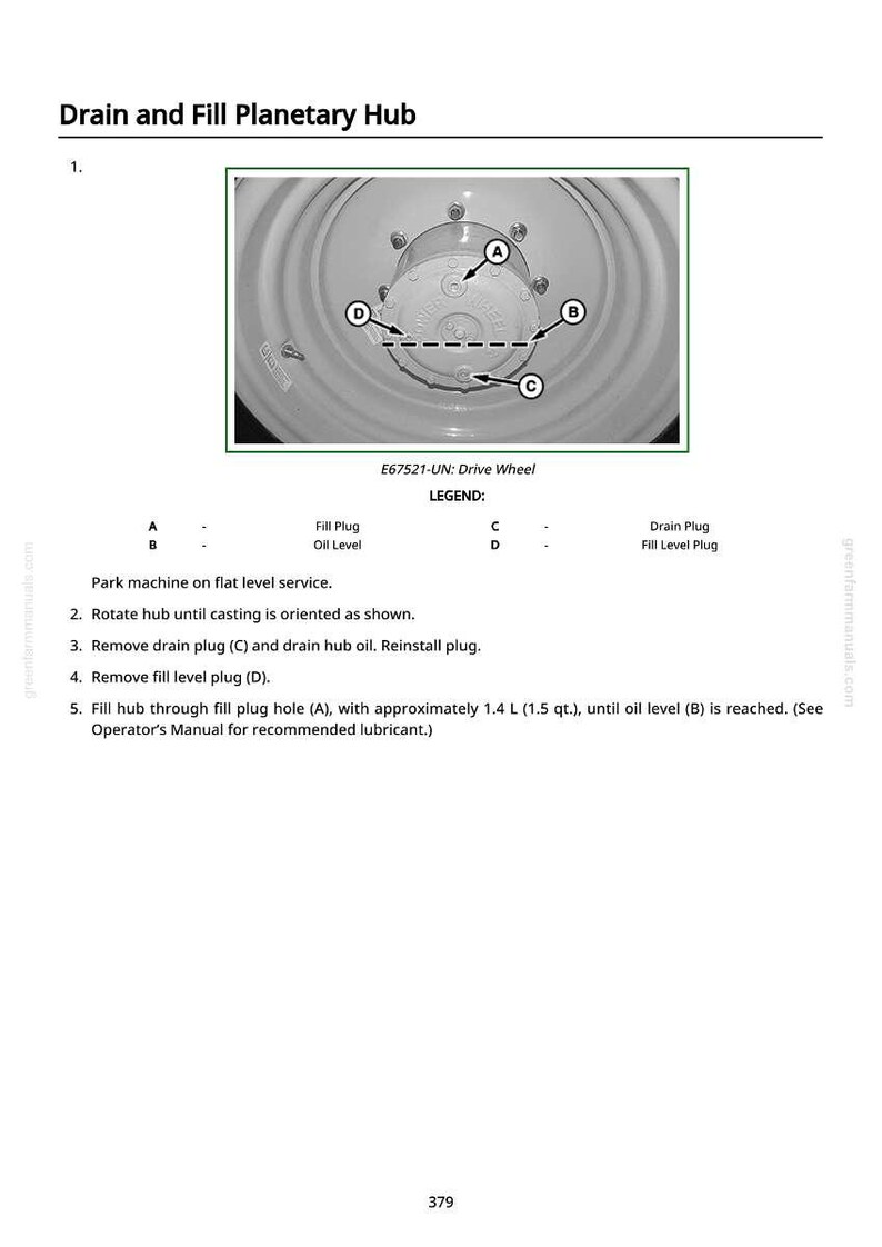 May include: Diagram showing the drain and fill points on a planetary hub. Includes labels for fill plug, oil level, drain plug, and fill level plug. Instructions are also provided.