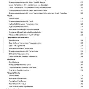 May include: A page from a manual with a table of contents. The text includes topics like "Clutch," "Transmission," "Final Drive," and "Tires and Wheels." Page numbers are listed on the right side. The website greenfarmmanuals.com is visible.