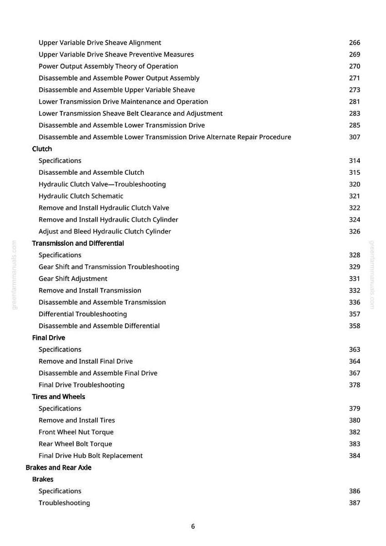 May include: A page from a manual with a table of contents. The text includes topics like "Clutch," "Transmission," "Final Drive," and "Tires and Wheels." Page numbers are listed on the right side. The website greenfarmmanuals.com is visible.