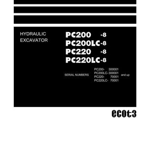 Peut inclure: Une couverture de manuel d'atelier en noir et blanc avec le texte "Shop Manual" en haut. Le manuel comprend des informations pour les excavatrices hydrauliques, y compris les mod&egrave;les PC200, PC200LC-8, PC220 et PC220LC-8. Le logo Komatsu est en bas.