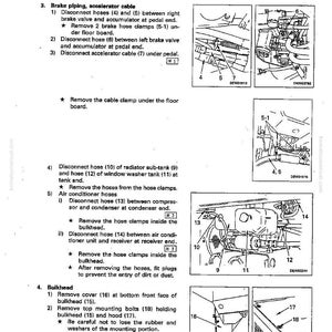 May include: A page from a manual titled "DISASSEMBLY AND ASSEMBLY" for work equipment, PPC pump. The page includes diagrams and instructions for disconnecting hoses, cables, and removing components like the bulkhead and brake piping. Measurements are not included.