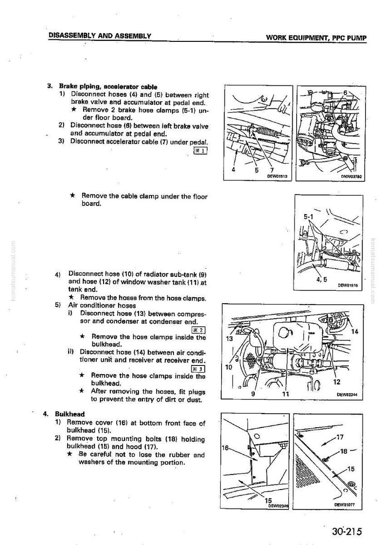 May include: A page from a manual titled "DISASSEMBLY AND ASSEMBLY" for work equipment, PPC pump. The page includes diagrams and instructions for disconnecting hoses, cables, and removing components like the bulkhead and brake piping. Measurements are not included.