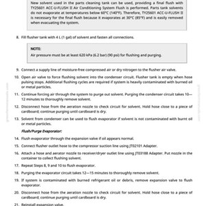 May include: A page from a greenfarmmanuals.com guide detailing the steps for flushing an air conditioning system. The text includes instructions for solvent use, purging, and connecting hoses, with notes and warnings.