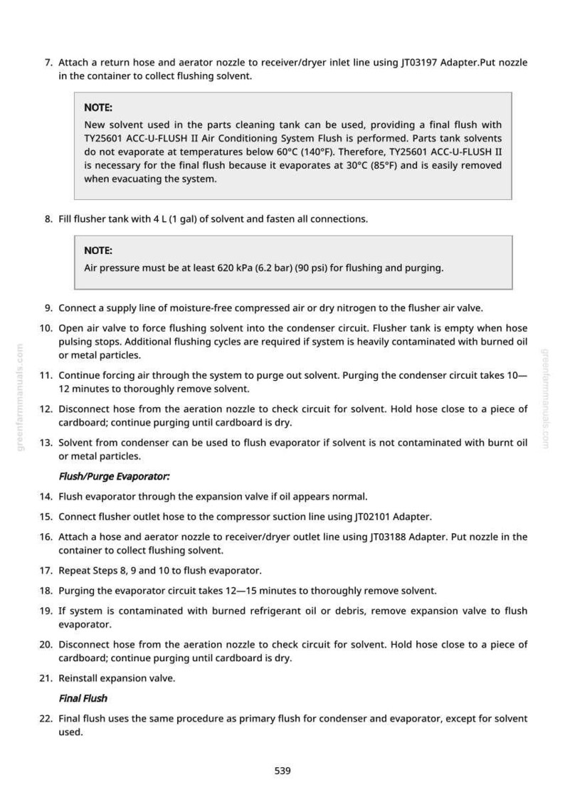 May include: A page from a greenfarmmanuals.com guide detailing the steps for flushing an air conditioning system. The text includes instructions for solvent use, purging, and connecting hoses, with notes and warnings.