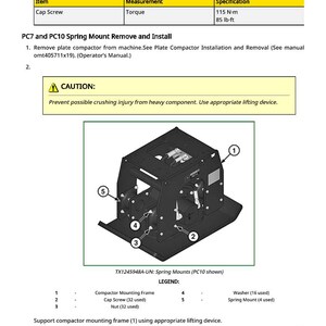 May include: Diagram of a compactor assembly with numbered components and a caution notice. Includes specifications for cap screws and the approximate weight of the compactor mounting frame, which is 216 lb.