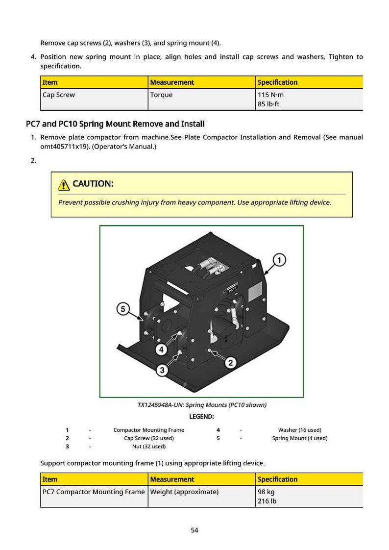 May include: Diagram of a compactor assembly with numbered components and a caution notice. Includes specifications for cap screws and the approximate weight of the compactor mounting frame, which is 216 lb.
