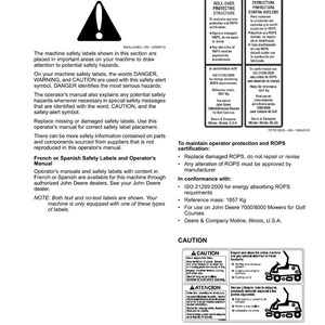 Puede incluir: Una p&aacute;gina de manual con informaci&oacute;n de seguridad. El texto incluye advertencias, precauciones e instrucciones para las etiquetas de seguridad de la m&aacute;quina y la estructura de protecci&oacute;n antivuelco. El manual tambi&eacute;n incluye diagramas y texto.