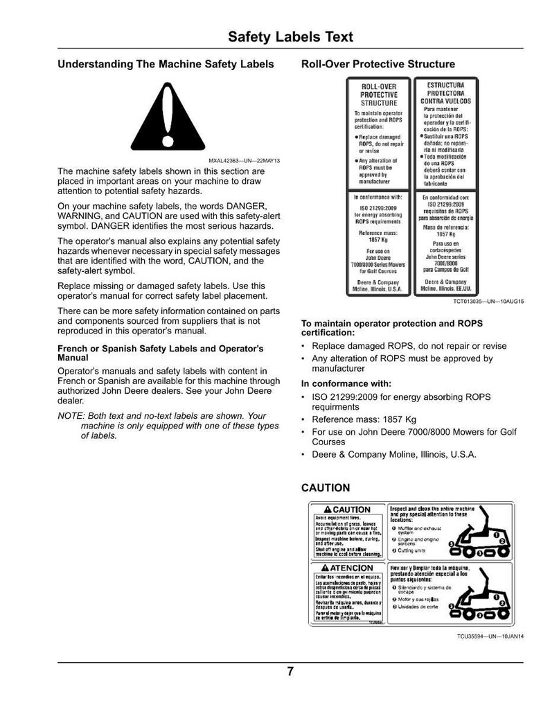 Puede incluir: Una p&aacute;gina de manual con informaci&oacute;n de seguridad. El texto incluye advertencias, precauciones e instrucciones para las etiquetas de seguridad de la m&aacute;quina y la estructura de protecci&oacute;n antivuelco. El manual tambi&eacute;n incluye diagramas y texto.