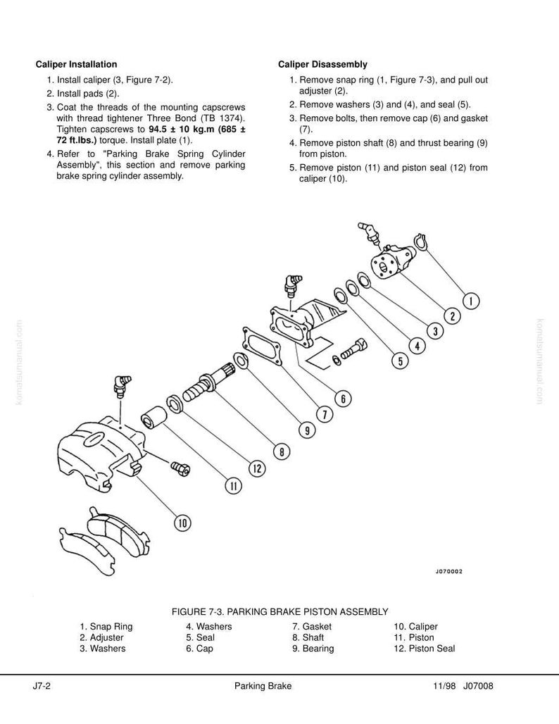 May include: Diagram of a parking brake piston assembly, with labels for each part. Instructions for caliper installation and disassembly are included, with measurements in kg.m and ft.lbs. The image is from a manual.