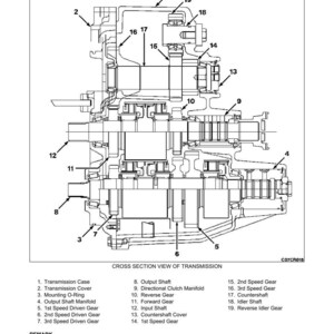 May include: A detailed cross-section diagram of a transmission, labelled "Transmission" at the top. The image shows various internal components, including gears, shafts, and manifolds, with numbered callouts for identification. The diagram is a technical illustration.