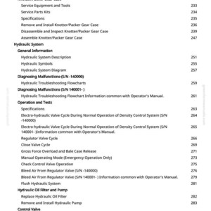 May include: A page from a manual with a table of contents. The text includes sections on gear cases, hydraulic systems, and control valves. Page numbers are listed on the right side of the page.