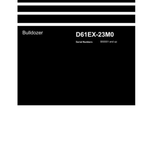 Op de afbeelding: Een witte Shop Manual met zwarte tekst. De handleiding is voor een D61EX-23M0 Bulldozer. De serienummers zijn B50001 en hoger. Het Komatsu-logo staat onderaan.