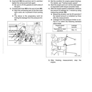 May include: Technical diagram with instructions for testing fuel return rate and leakage. The image includes diagrams of engine components, hoses, and a measuring cylinder. Text includes steps and specifications for the procedure.
