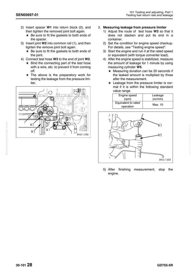 May include: Technical diagram with instructions for testing fuel return rate and leakage. The image includes diagrams of engine components, hoses, and a measuring cylinder. Text includes steps and specifications for the procedure.
