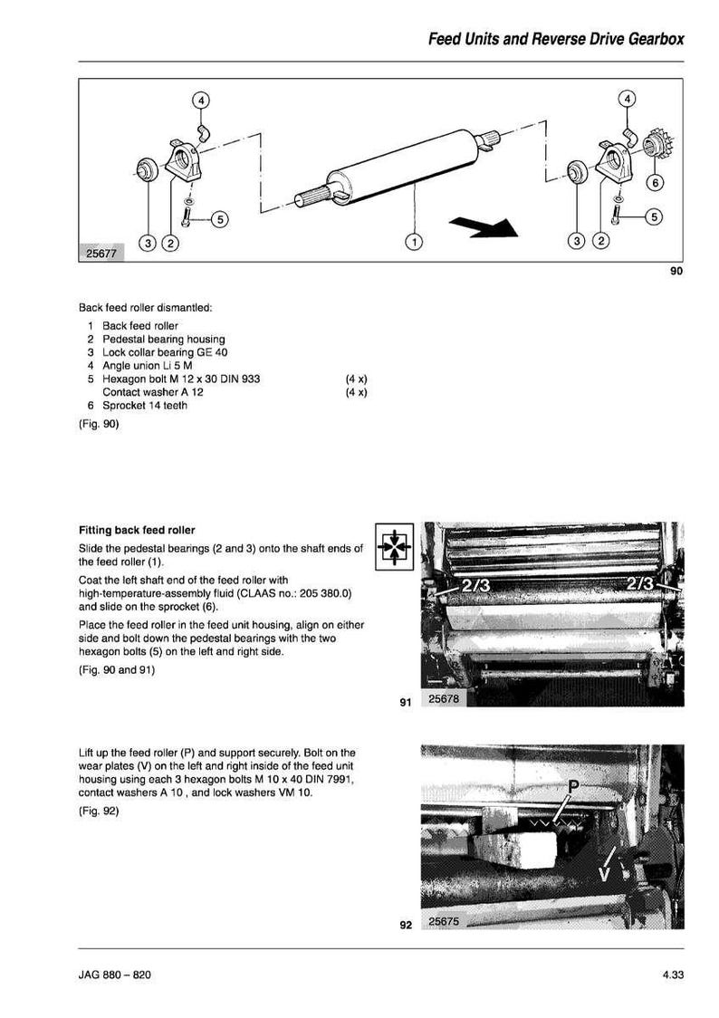 May include: An exploded diagram of a feed unit and reverse drive gearbox, with labeled parts including a back feed roller, pedestal bearing housing, and lock collar bearing. Includes diagrams and instructions for assembly.