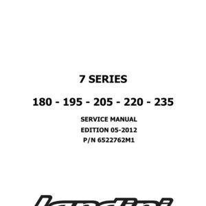 May include: A white background with black text that reads "7 SERIES" and "180 - 195 - 205 - 220 - 235". Below the numbers, it says "SERVICE MANUAL EDITION 05-2012 P/N 6522762M1". The Landini logo is at the bottom.