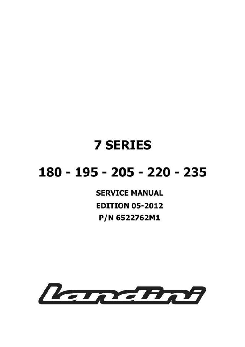 May include: A white background with black text that reads "7 SERIES" and "180 - 195 - 205 - 220 - 235". Below the numbers, it says "SERVICE MANUAL EDITION 05-2012 P/N 6522762M1". The Landini logo is at the bottom.