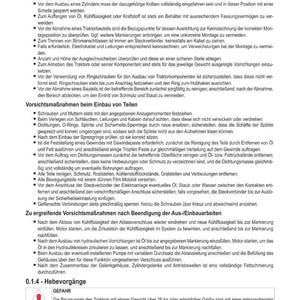 May include: A page of technical instructions in German, with diagrams and safety warnings. The text includes sections on disassembly, assembly, and precautions for machinery maintenance. A warning symbol is present.
