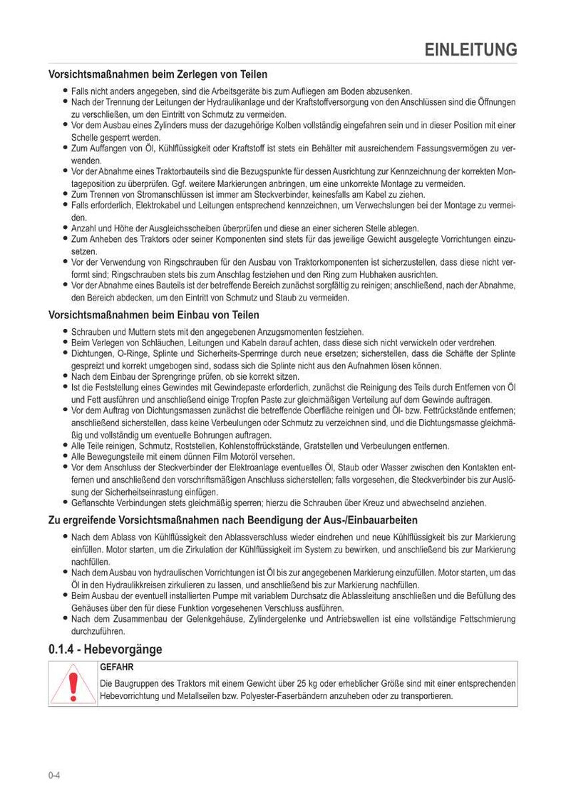 May include: A page of technical instructions in German, with diagrams and safety warnings. The text includes sections on disassembly, assembly, and precautions for machinery maintenance. A warning symbol is present.