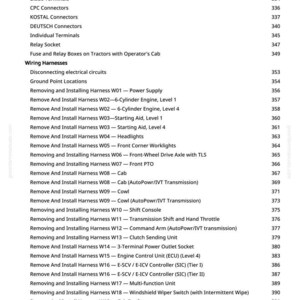 Peut inclure: Une page imprim&eacute;e avec une liste d&eacute;taill&eacute;e des faisceaux de c&acirc;bles de tracteur et des composants associ&eacute;s. Le texte comprend des &eacute;l&eacute;ments tels que des connecteurs, des bornes et diverses instructions d'installation de faisceaux, avec des num&eacute;ros de page correspondants.