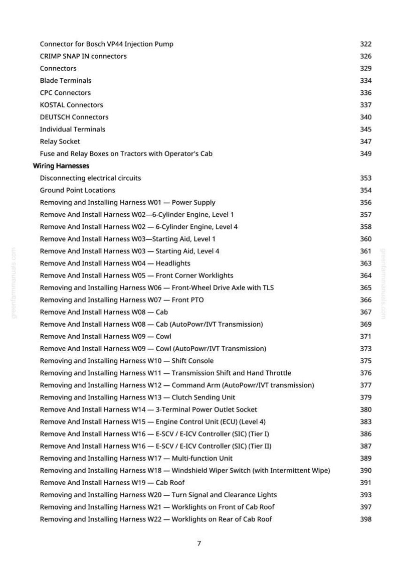 Peut inclure: Une page imprim&eacute;e avec une liste d&eacute;taill&eacute;e des faisceaux de c&acirc;bles de tracteur et des composants associ&eacute;s. Le texte comprend des &eacute;l&eacute;ments tels que des connecteurs, des bornes et diverses instructions d'installation de faisceaux, avec des num&eacute;ros de page correspondants.