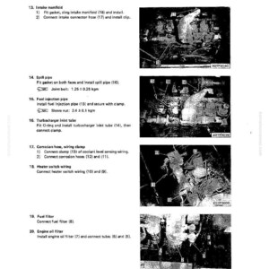 May include: A technical manual page with diagrams and instructions for engine maintenance. The text describes procedures for installing parts such as the intake manifold, fuel injection pipe, and oil filter. The images are black and white.