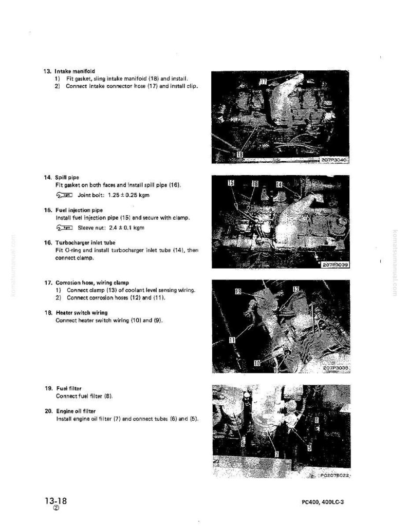 May include: A technical manual page with diagrams and instructions for engine maintenance. The text describes procedures for installing parts such as the intake manifold, fuel injection pipe, and oil filter. The images are black and white.