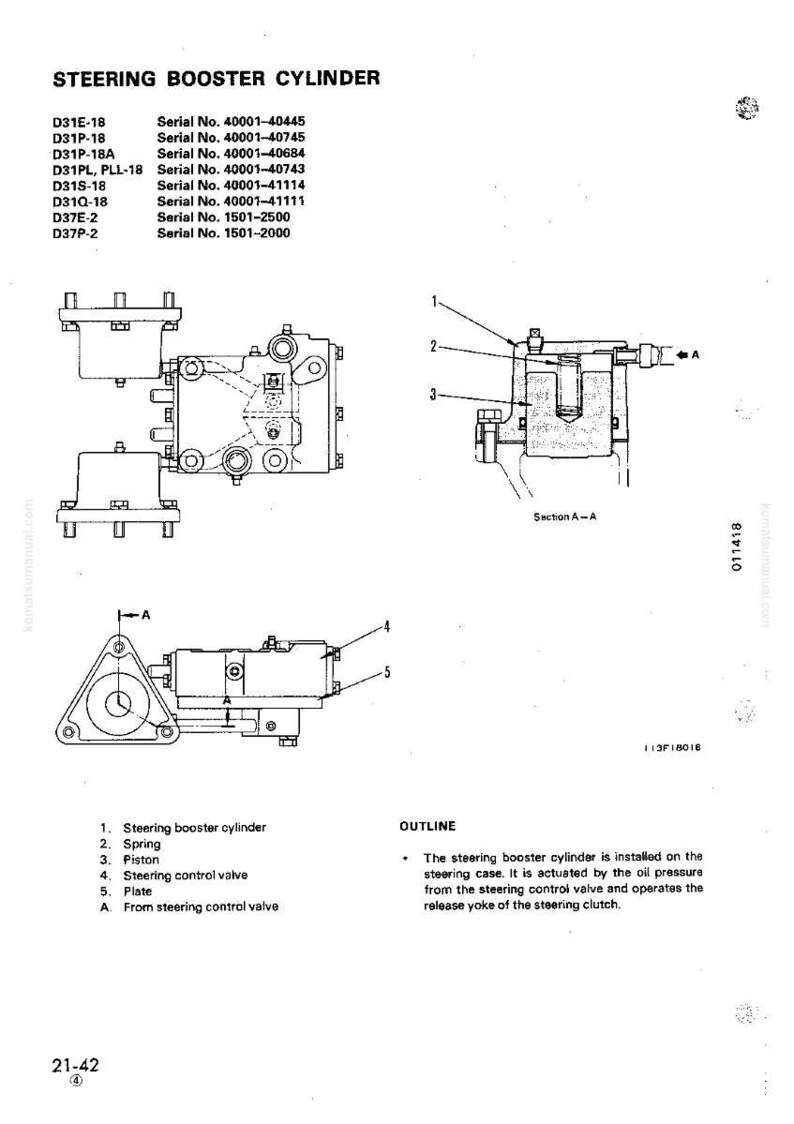 May include: Diagram of a steering booster cylinder with labels and serial numbers. The diagram includes detailed illustrations of the cylinder's components, such as the spring, piston, and steering control valve. Text includes "STEERING BOOSTER CYLINDER" and "OUTLINE".