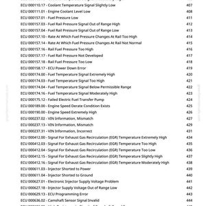 May include: A manual page detailing engine control unit (ECU) diagnostic trouble codes. The list includes codes for coolant temperature, fuel pressure, and exhaust gas recirculation (EGR) issues. The page also features a website address and a page number.