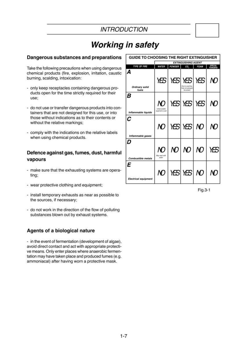 May include: A page from a safety manual titled "Working in Safety." It includes a guide to choosing the right fire extinguisher, with a table showing the appropriate extinguishing agents for different types of fires. The text is in black.