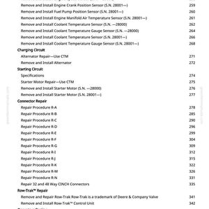 Puede incluir: P&aacute;gina de un manual con una lista de procedimientos de reparaci&oacute;n de componentes del motor, incluyendo sensores y circuitos. El texto es negro sobre fondo blanco, con n&uacute;meros de p&aacute;gina a la derecha.