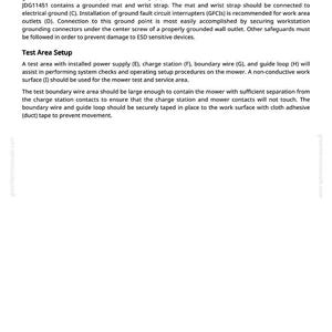 May include: A document with text detailing ESD (Electrostatic Discharge) safety measures for handling sensitive devices. Includes instructions for grounding, workstation setup, and test area procedures. The text also mentions a grounded mat and wrist strap.