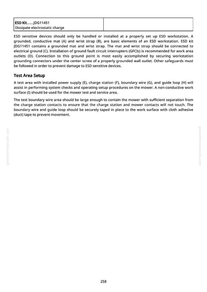 May include: A document with text detailing ESD (Electrostatic Discharge) safety measures for handling sensitive devices. Includes instructions for grounding, workstation setup, and test area procedures. The text also mentions a grounded mat and wrist strap.