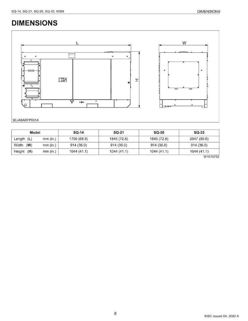 K&ouml;nnte beinhalten: Diagramm mit den Abmessungen von Industrieanlagen, mit Messungen in Millimetern und Zoll. Die Modelle SQ-14, SQ-21, SQ-26 und SQ-33 werden mit L&auml;nge, Breite und H&ouml;he dargestellt. Das Diagramm enth&auml;lt den Text "DIMENSIONS".