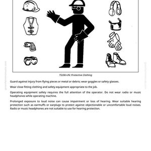 K&ouml;nnte beinhalten: Schwarz-wei&szlig;e Illustration von Schutzkleidung, einschlie&szlig;lich Helm, Weste, Brille, Geh&ouml;rschutz, Handschuhen und Stiefeln. Eine Silhouette zeigt die Verwendung der Ausr&uuml;stung. Der Text lautet "Wear Protective Equipment."