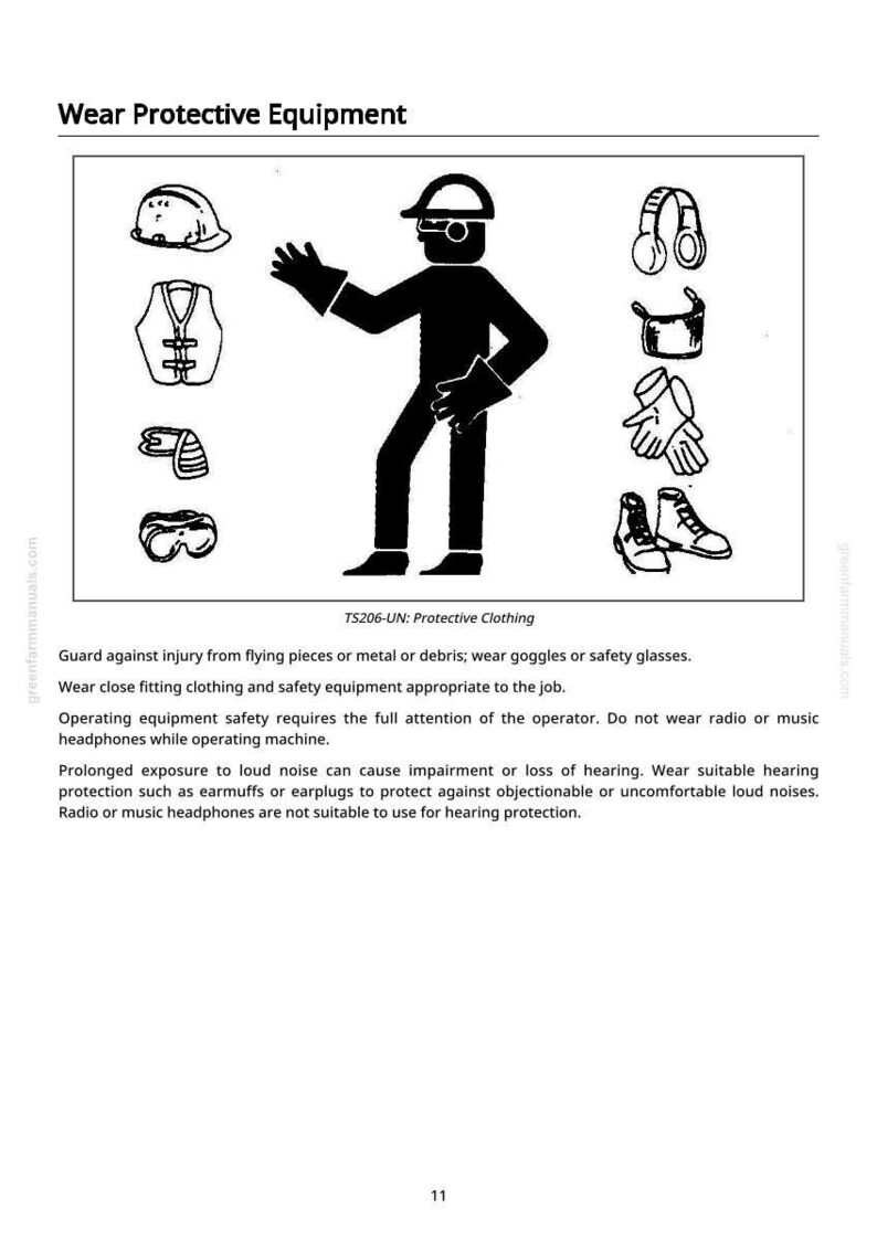 K&ouml;nnte beinhalten: Schwarz-wei&szlig;e Illustration von Schutzkleidung, einschlie&szlig;lich Helm, Weste, Brille, Geh&ouml;rschutz, Handschuhen und Stiefeln. Eine Silhouette zeigt die Verwendung der Ausr&uuml;stung. Der Text lautet "Wear Protective Equipment."