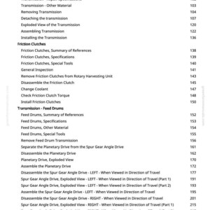 May include: A detailed table of contents from a manual, listing sections on transmission, friction clutches, and feed drums. The text is in black on a white background, with page numbers on the right.