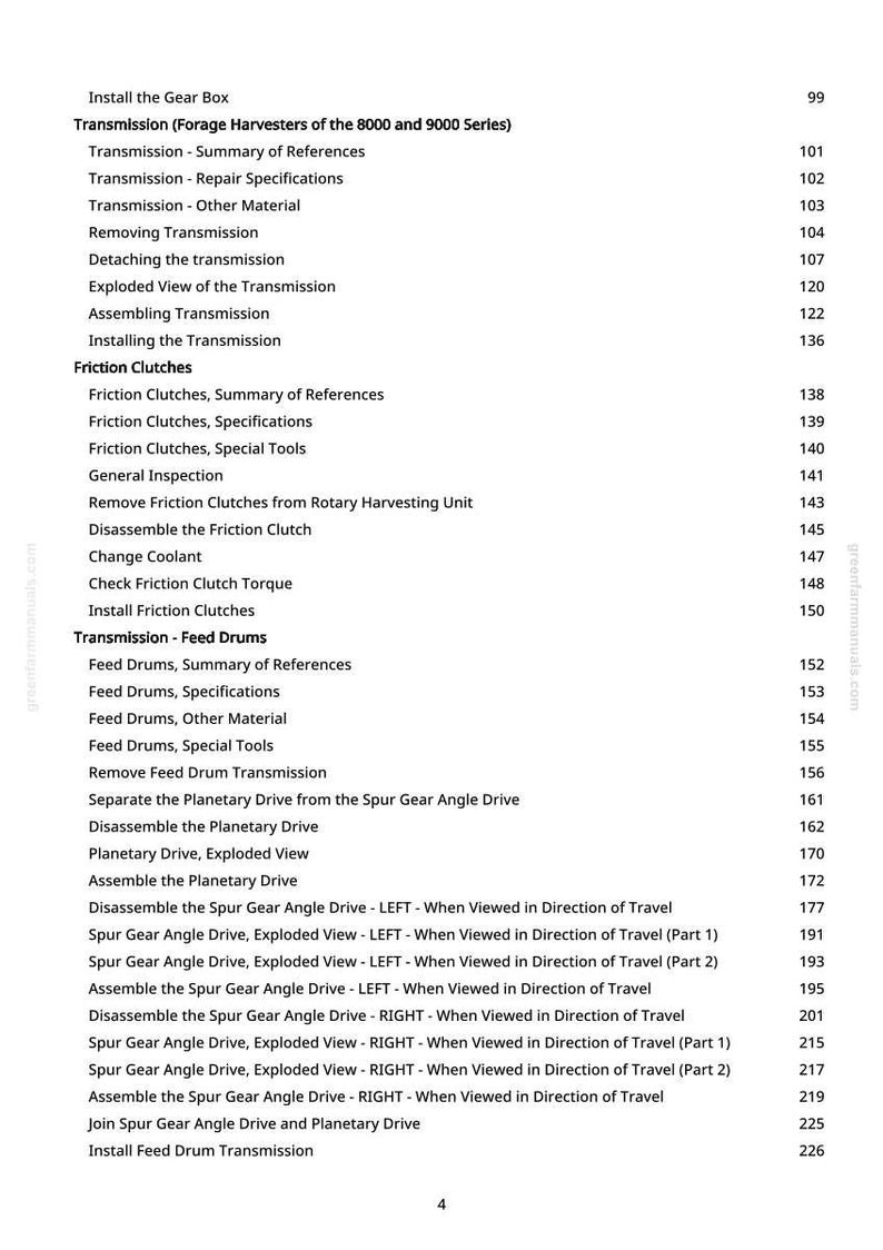 May include: A detailed table of contents from a manual, listing sections on transmission, friction clutches, and feed drums. The text is in black on a white background, with page numbers on the right.