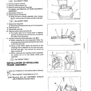 May include: Diagram of the removal and installation of a revolving frame assembly. The image shows numbered steps with illustrations of the process, including removing the canopy, engine hood, and hoses. Text includes instructions and warnings.
