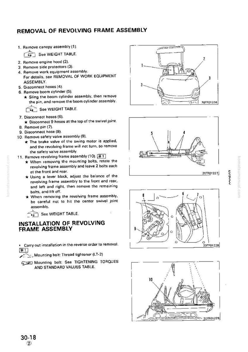 May include: Diagram of the removal and installation of a revolving frame assembly. The image shows numbered steps with illustrations of the process, including removing the canopy, engine hood, and hoses. Text includes instructions and warnings.