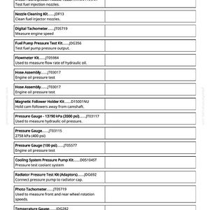 May include: A white document detailing automotive tools and their uses. Includes items such as pressure gauges, fuel pump test kits, and tachometers. The text is in black font.