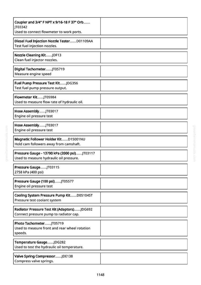 May include: A white document detailing automotive tools and their uses. Includes items such as pressure gauges, fuel pump test kits, and tachometers. The text is in black font.