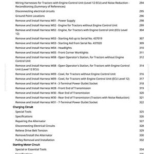 May include: A page from a manual detailing wiring harnesses and related procedures for tractors. The text includes sections on engine control units, power supplies, and electrical circuits, with page numbers.