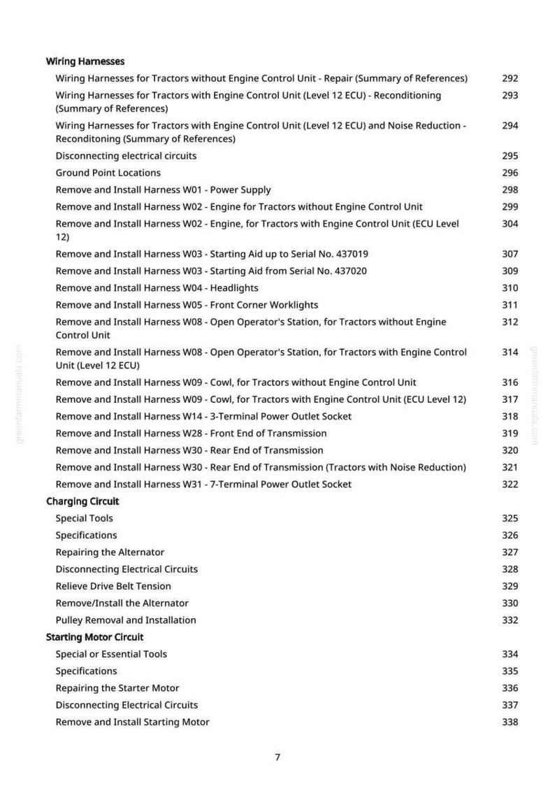 May include: A page from a manual detailing wiring harnesses and related procedures for tractors. The text includes sections on engine control units, power supplies, and electrical circuits, with page numbers.