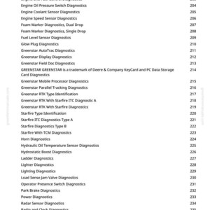 May include: A white page from a manual with a list of diagnostic terms, including "Engine Air Filter Switch Diagnostics" and "Greenstar AutoTrac Diagnostics." The page numbers range from 200 to 238. The text "GREENSTAR GREENSTAR is a trademark of Deere & Company KeyCard and PC Data Storage" is also visible.
