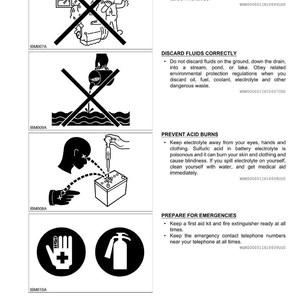 Może przedstawiać: Karta informacyjna dotycząca bezpieczeństwa z ilustracjami. Zawiera ostrzeżenia dotyczące tlenku węgla, usuwania płyn&oacute;w, zapobiegania oparzeniom kwasem i przygotowania do sytuacji awaryjnych. Zawiera apteczkę i gaśnicę.
