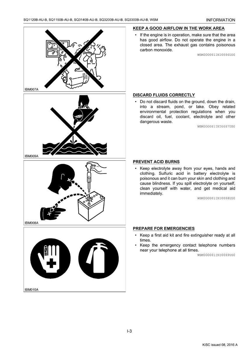 Może przedstawiać: Karta informacyjna dotycząca bezpieczeństwa z ilustracjami. Zawiera ostrzeżenia dotyczące tlenku węgla, usuwania płyn&oacute;w, zapobiegania oparzeniom kwasem i przygotowania do sytuacji awaryjnych. Zawiera apteczkę i gaśnicę.