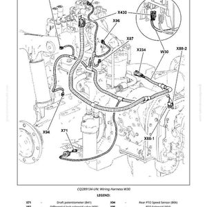 以下が含まれることがあります： CQ289134-UNとラベルされた配線ハーネスの技術図で、さまざまなコネクタとセンサーを示しています。画像には、X71、X87、X92、X94、X95、X96、X234、X430、W30などのラベルと凡例が含まれています。